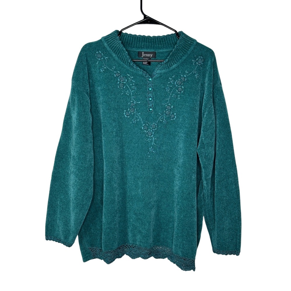 Jenny Chenille Sweater 3X Teal Green Floral Embroidered Lace Hem Henley Pullover